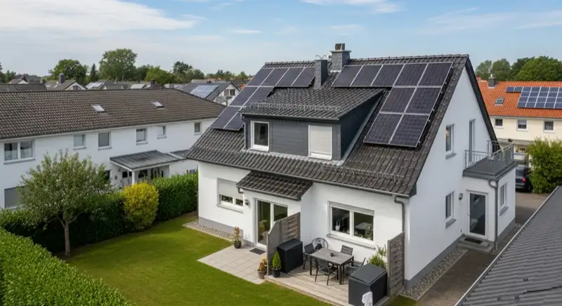 Installateur begutachtet Dach eines Einfamilienhauses in Grevenbroich für Solaranlage