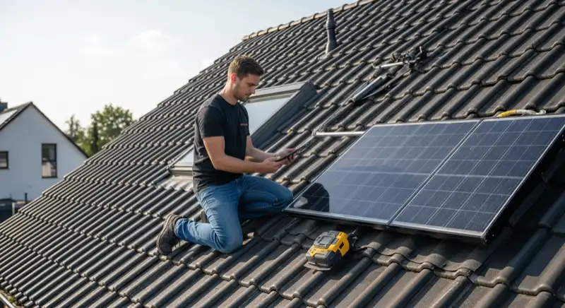 PV-Installateur mit Tablet bei der Dachvermessung auf einem Einfamilienhaus in Grevenbroich