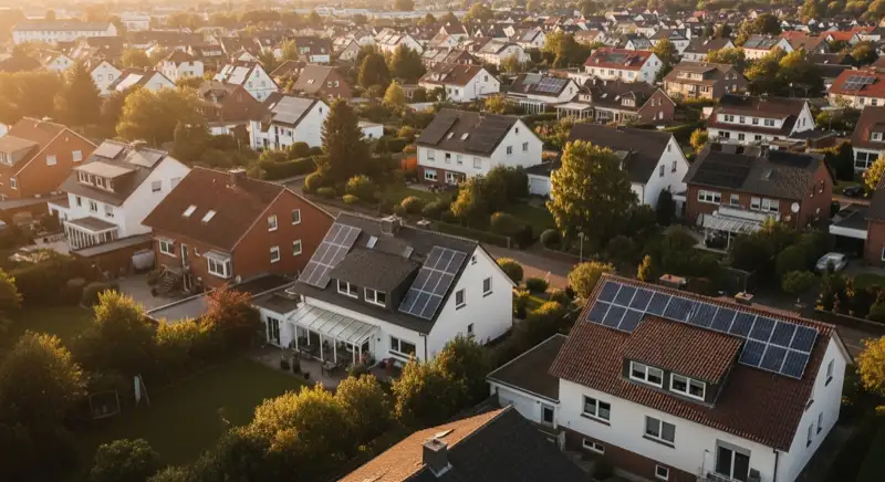 Aerial drone view of typical German residential neighborhood with mixed roof types, red and dark roof tiles, gardens visible, sunny day
