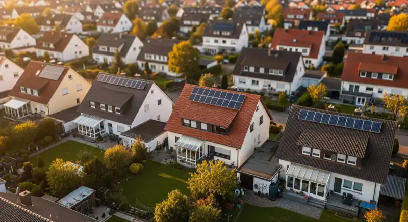 Aerial drone view of typical German residential neighborhood with mixed roof types, red and dark roof tiles, gardens visible, sunny day