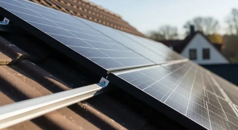 Installateur montiert Solarmodule auf einem geneigten Einfamilienhausdach in Mecklenburg-Vorpommern