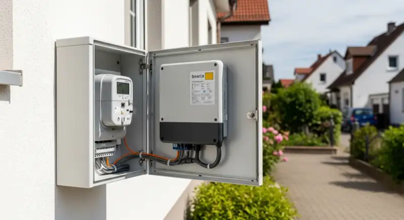 Modern German electrical meter cabinet (Zählerschrank) with smart meter and solar inverter connection, clean technical installation