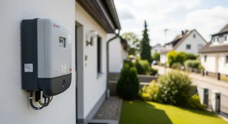 Modern German electrical meter cabinet (Zählerschrank) with smart meter and solar inverter connection, clean technical installation