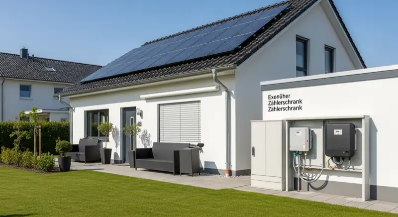 Modern German electrical meter cabinet (Zählerschrank) with smart meter and solar inverter connection, clean technical installation