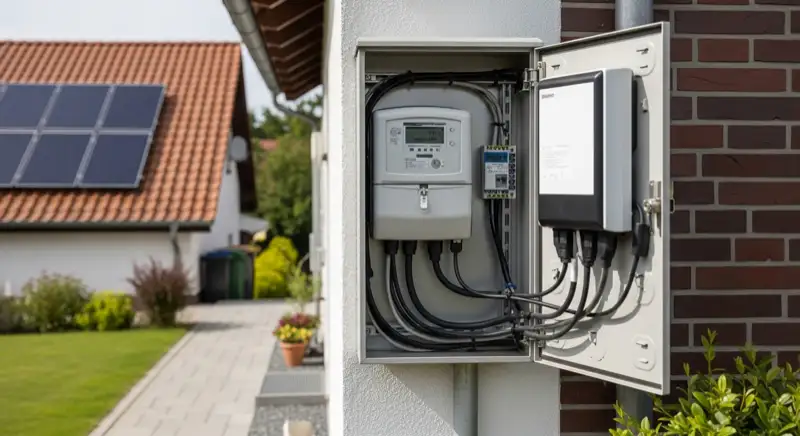 Modern German electrical meter cabinet (Zählerschrank) with smart meter and solar inverter connection, clean technical installation