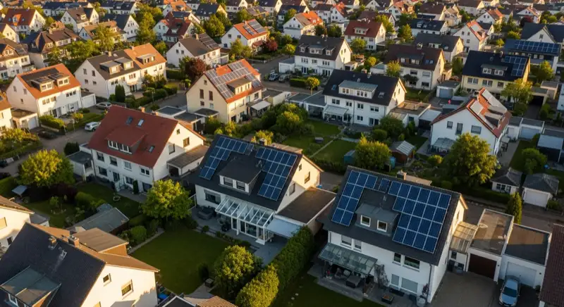 Aerial drone view of typical German residential neighborhood with mixed roof types, red and dark roof tiles, gardens visible, sunny day