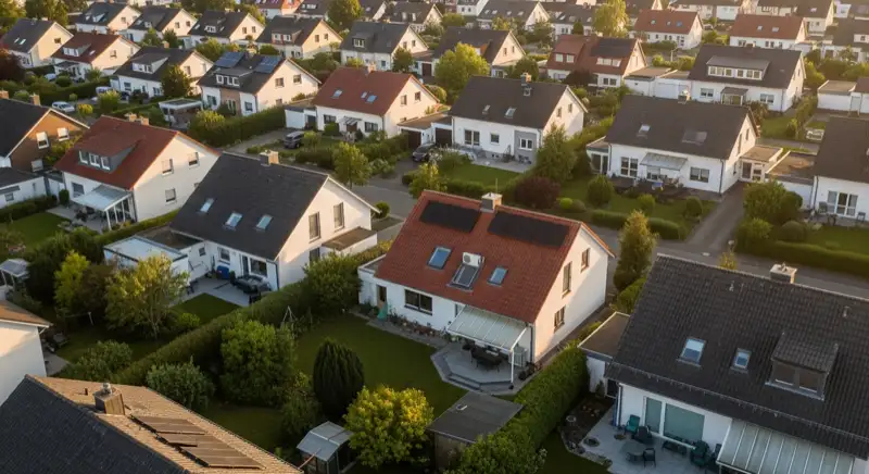 Aerial drone view of typical German residential neighborhood with mixed roof types, red and dark roof tiles, gardens visible, sunny day