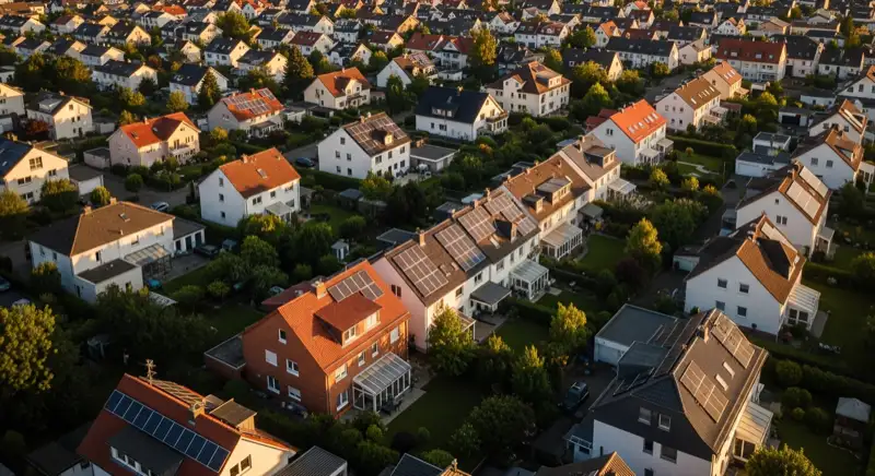 Aerial drone view of typical German residential neighborhood with mixed roof types, red and dark roof tiles, gardens visible, sunny day
