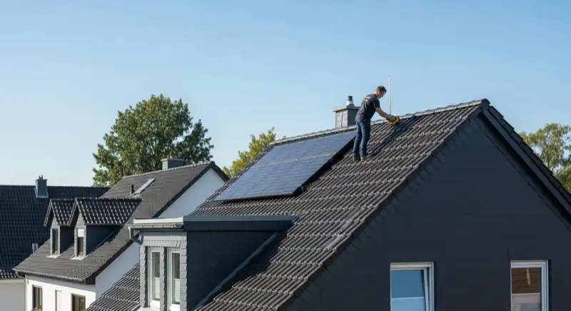 Solarinstallateur bei Dachbegehung auf Einfamilienhaus in Gütersloh mit Messgerät