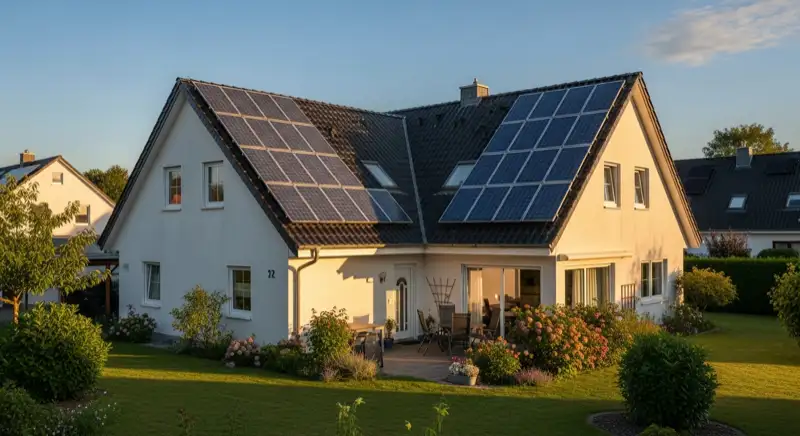 German detached house (Einfamilienhaus) with photovoltaic panels on pitched roof, well-maintained garden, warm afternoon sunlight