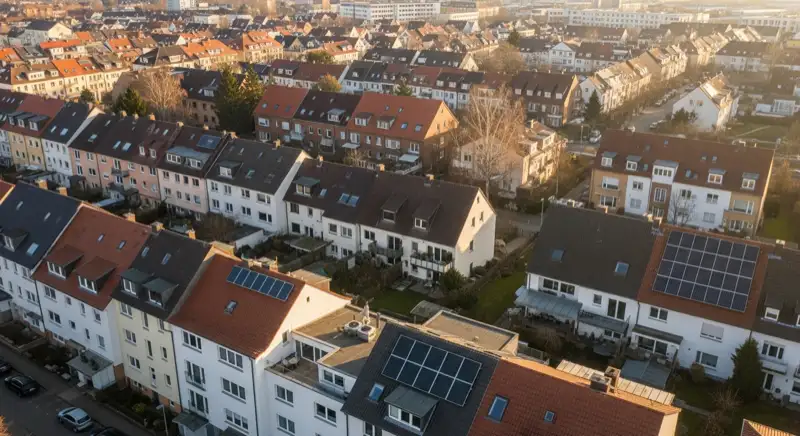Aerial drone view of typical German residential neighborhood with mixed roof types, red and dark roof tiles, gardens visible, sunny day