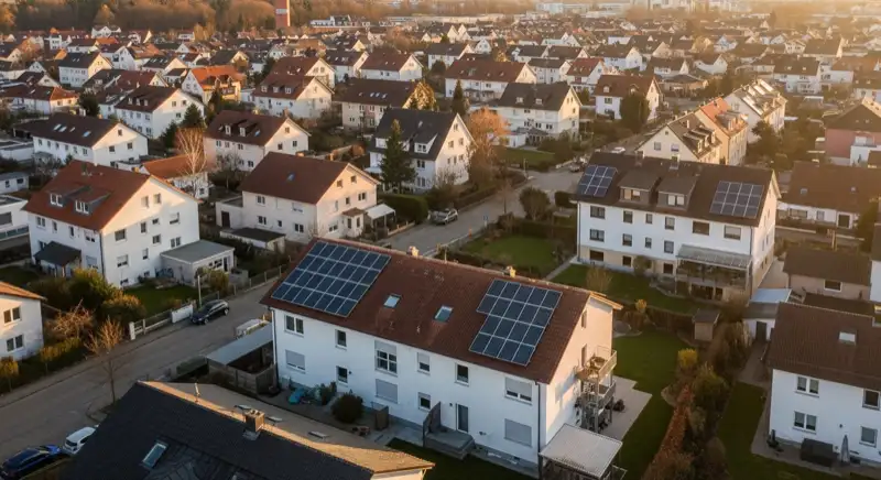 Aerial drone view of typical German residential neighborhood with mixed roof types, red and dark roof tiles, gardens visible, sunny day