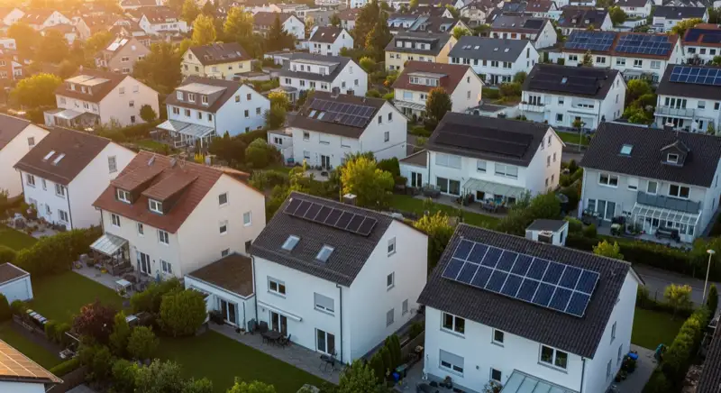 Aerial drone view of typical German residential neighborhood with mixed roof types, red and dark roof tiles, gardens visible, sunny day