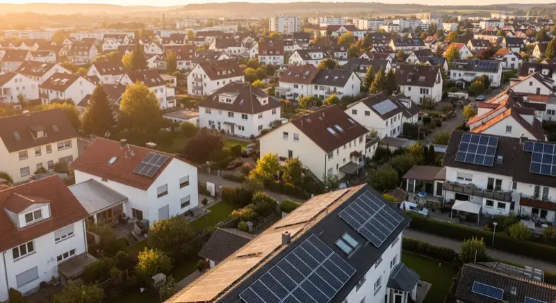 Aerial drone view of typical German residential neighborhood with mixed roof types, red and dark roof tiles, gardens visible, sunny day