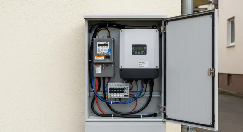 Modern German electrical meter cabinet (Zählerschrank) with smart meter and solar inverter connection, clean technical installation