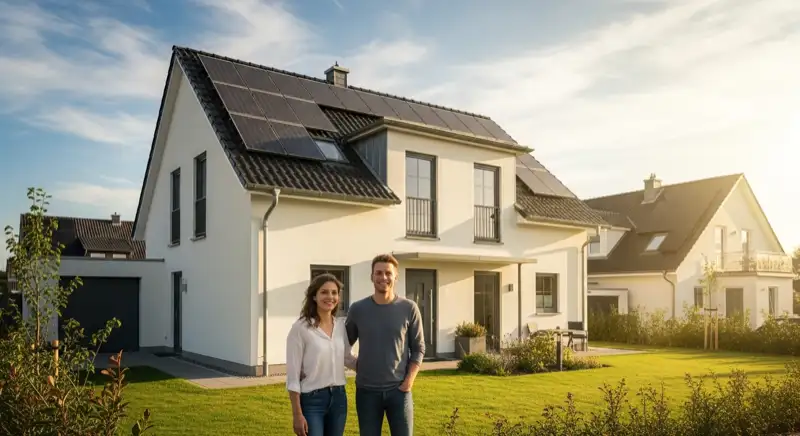 Familie vor ihrem Eigenheim mit neuer Solaranlage auf dem Dach, grüner Garten, hügelige Landschaft