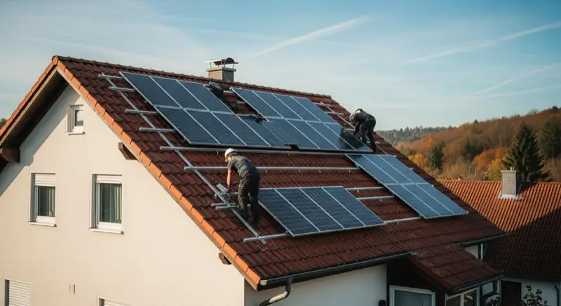 Facharbeiter bei der Montage von Solarmodulen auf einem Hausdach in Hagen mit hügeliger Landschaft
