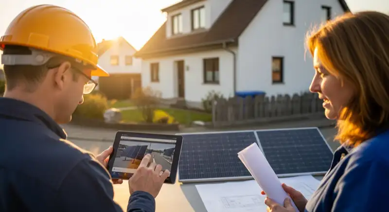 Solarberater zeigt Hausbesitzer eine Anlagenplanung auf dem Tablet vor einem Einfamilienhaus