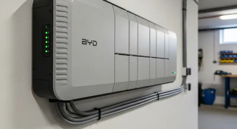 Moderner Batteriespeicher an einer Hauswand montiert, sauber verkabelt mit grüner LED-Anzeige