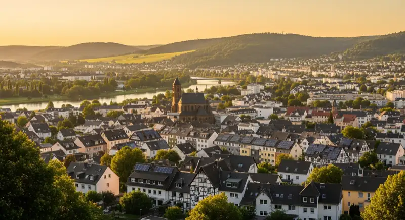 Blick auf Hagen mit Wohnhäusern und Solaranlagen auf Dächern, hügelige Landschaft der Sauerland-Ausläufer im Hintergrund