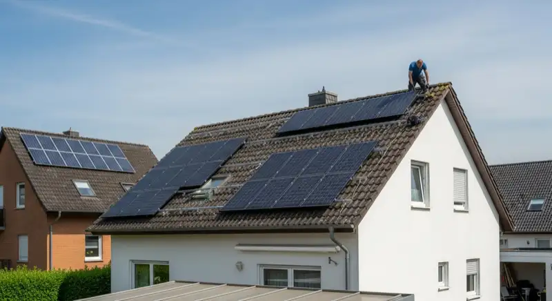 Installateur montiert Solarmodule auf Einfamilienhaus-Dach in Hagen