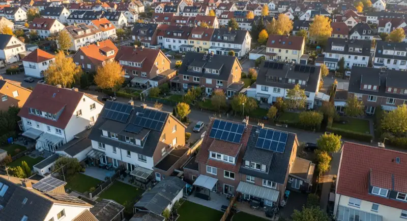 Aerial drone view of typical German residential neighborhood with mixed roof types, red and dark roof tiles, gardens visible, sunny day