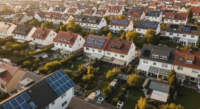 Aerial drone view of typical German residential neighborhood with mixed roof types, red and dark roof tiles, gardens visible, sunny day