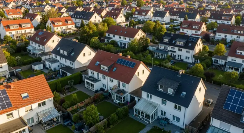 Aerial drone view of typical German residential neighborhood with mixed roof types, red and dark roof tiles, gardens visible, sunny day