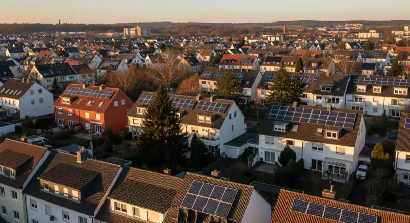 Aerial drone view of typical German residential neighborhood with mixed roof types, red and dark roof tiles, gardens visible, sunny day