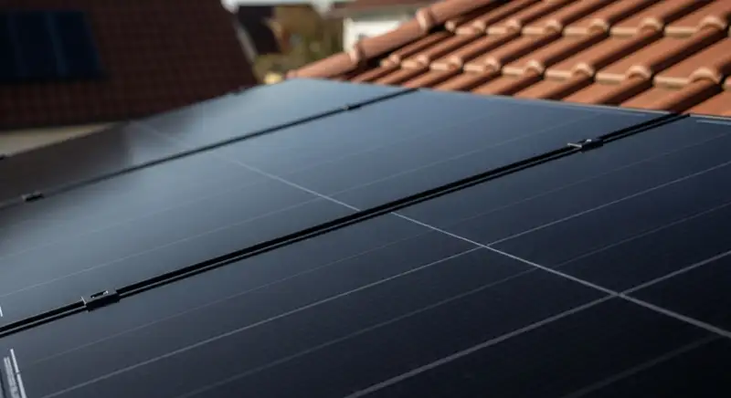 Solarmodule auf einem Schrägdach in Hagen mit bewaldeten Hügeln im Hintergrund