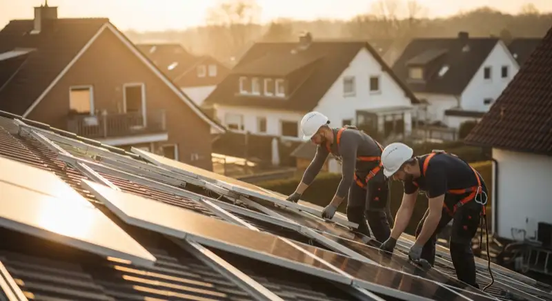Solartechniker bei der Montage auf einem Hausdach in Hagen