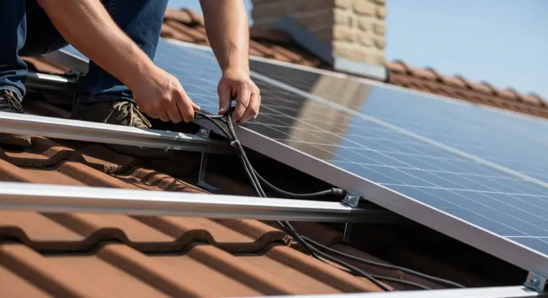 Detailaufnahme einer Solarmodulmontage auf einem Hausdach in Hagen