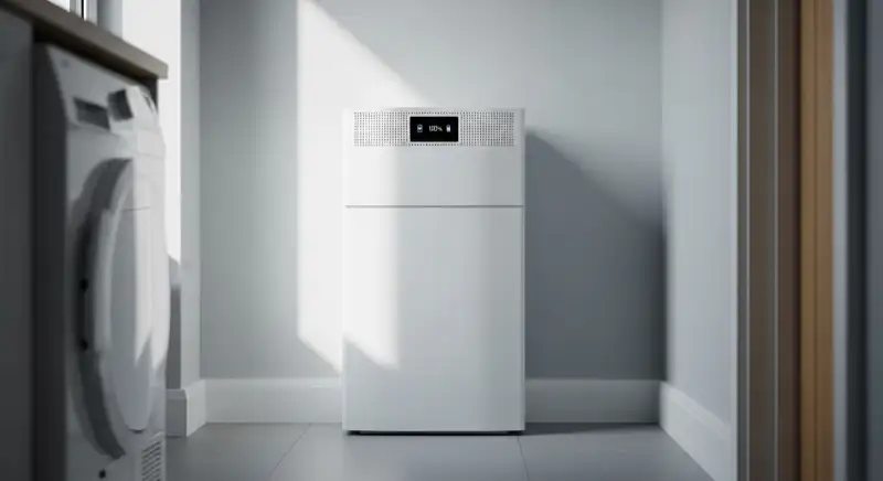 Moderner Batteriespeicher an einer Wand in einem Hagener Hauswirtschaftsraum