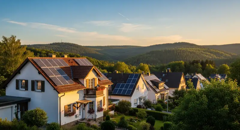 Wohnsiedlung in Hagen mit Solaranlagen auf den Dächern, bewaldete Hügel des Sauerlandes im Hintergrund