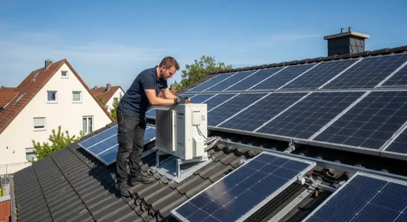 Installateur montiert Solarmodule auf Wohnhaus-Dach in Hagen