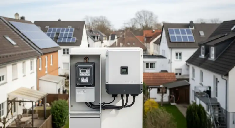 Modern German electrical meter cabinet (Zählerschrank) with smart meter and solar inverter connection, clean technical installation
