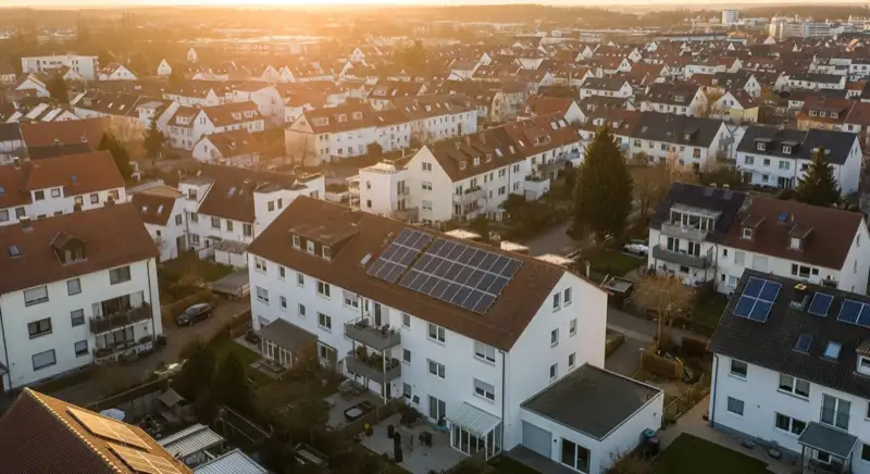 Aerial drone view of typical German residential neighborhood with mixed roof types, red and dark roof tiles, gardens visible, sunny day