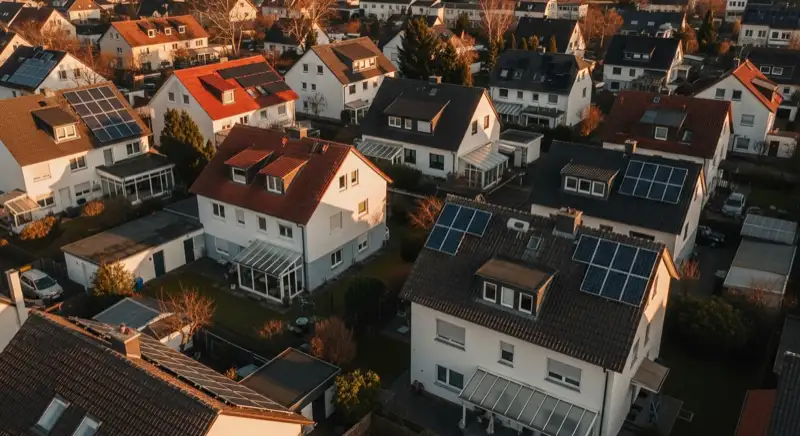 Aerial drone view of typical German residential neighborhood with mixed roof types, red and dark roof tiles, gardens visible, sunny day