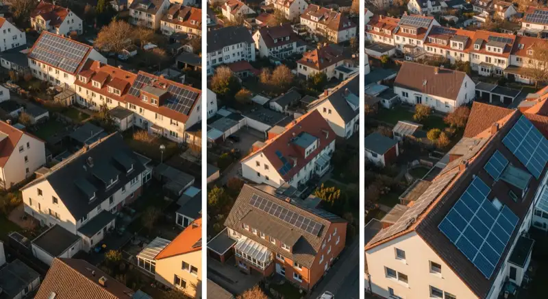 Aerial drone view of typical German residential neighborhood with mixed roof types, red and dark roof tiles, gardens visible, sunny day