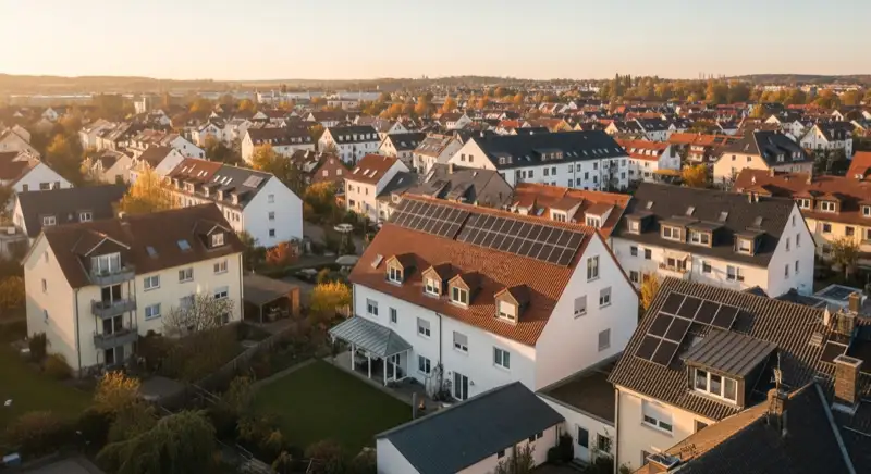 Aerial drone view of typical German residential neighborhood with mixed roof types, red and dark roof tiles, gardens visible, sunny day