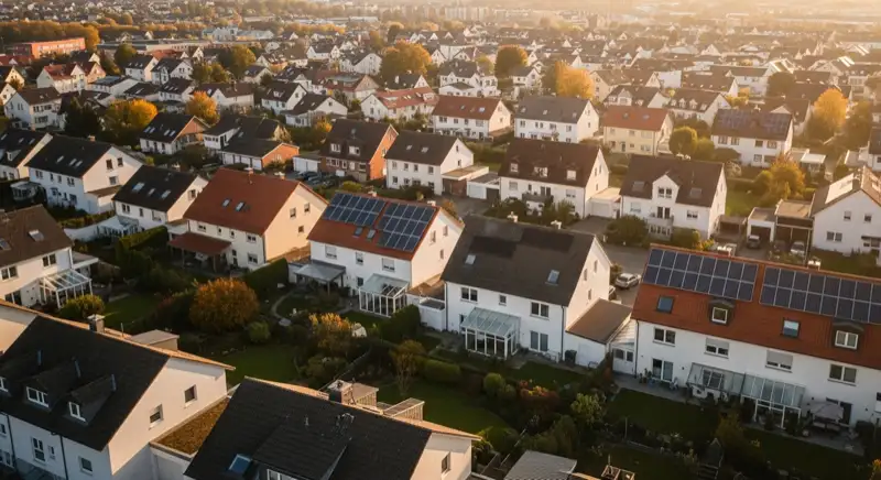 Aerial drone view of typical German residential neighborhood with mixed roof types, red and dark roof tiles, gardens visible, sunny day