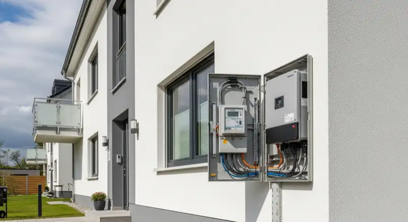 Modern German electrical meter cabinet (Zählerschrank) with smart meter and solar inverter connection, clean technical installation