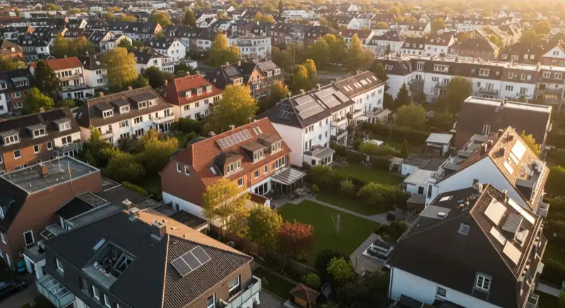 Aerial drone view of typical German residential neighborhood with mixed roof types, red and dark roof tiles, gardens visible, sunny day