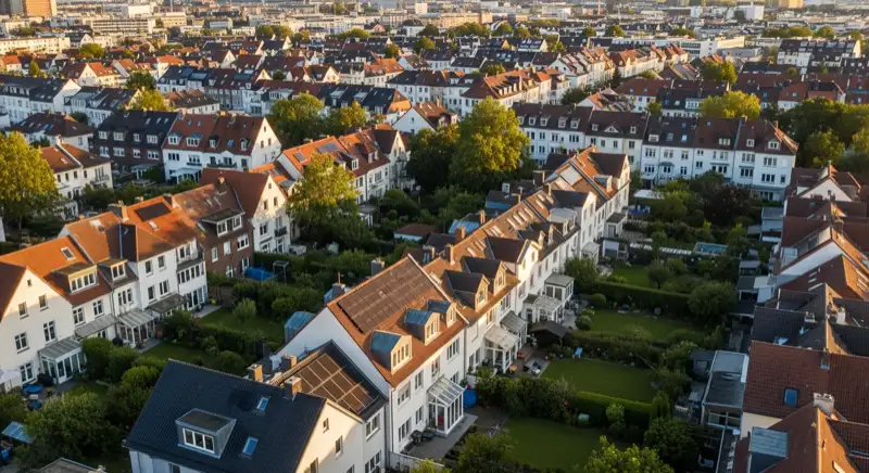 Aerial drone view of typical German residential neighborhood with mixed roof types, red and dark roof tiles, gardens visible, sunny day