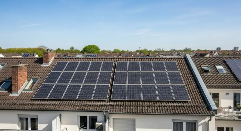 Installateur bei Wartungsarbeiten auf Solaranlage in Hamburg
