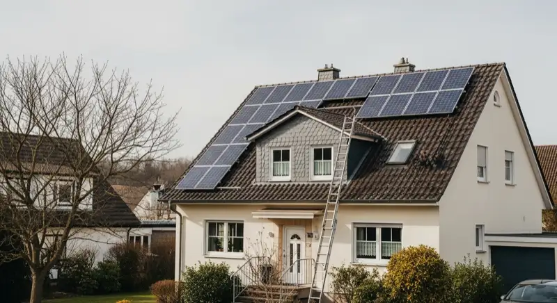 Monteur bei der Solarmodul-Installation auf einem Einfamilienhaus-Dach in Hameln