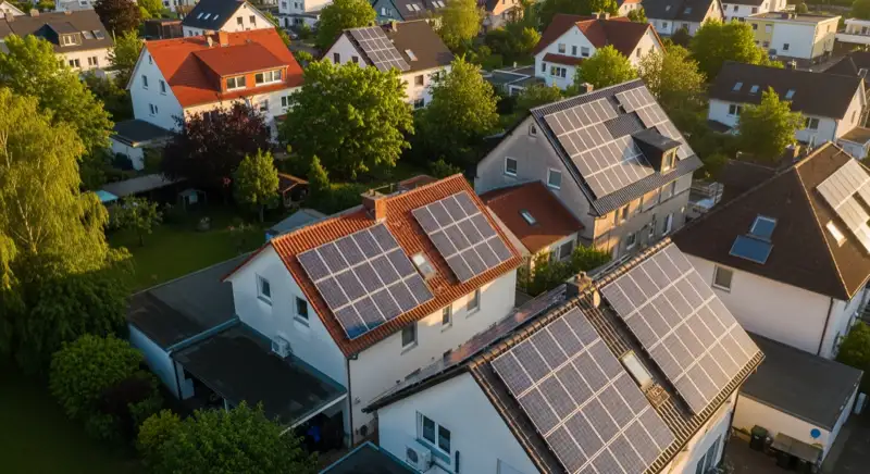 Aerial drone view of typical German residential neighborhood with mixed roof types, red and dark roof tiles, gardens visible, sunny day