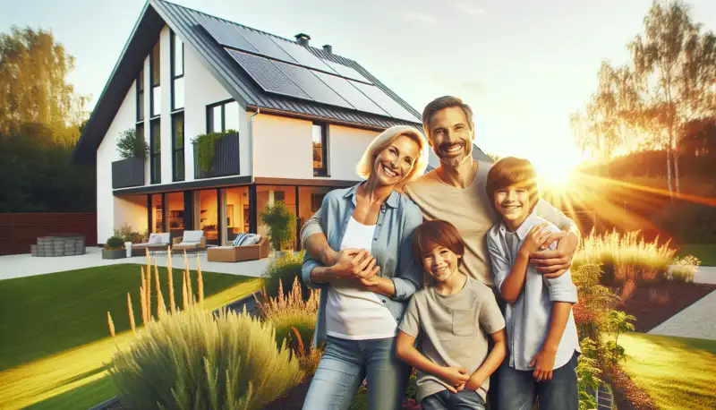 Familie vor ihrem Eigenheim mit neuer Solaranlage auf dem Dach, Garten, flache Wohnsiedlung in Hamm