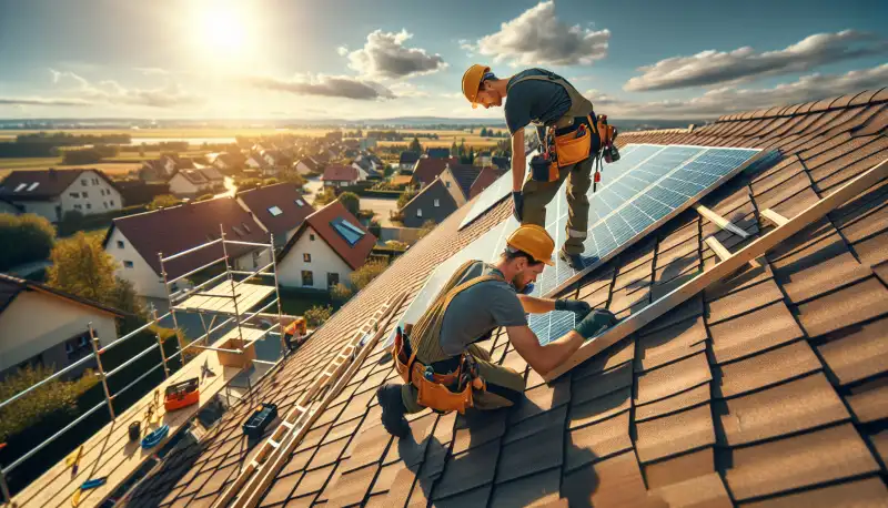 Facharbeiter bei der Montage von Solarmodulen auf einem Hausdach in Hamm mit flacher Landschaft im Hintergrund