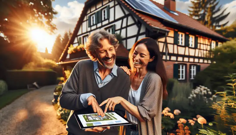 Solarberater zeigt Hausbesitzer eine Anlagenplanung auf dem Tablet vor einem Einfamilienhaus in Hamm